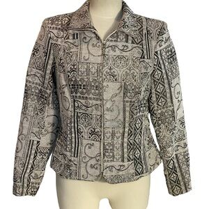 Molly & Maxx Gray Black Metallic Gold Gothic Tapestry Zip Jacket Blazer Sz S
